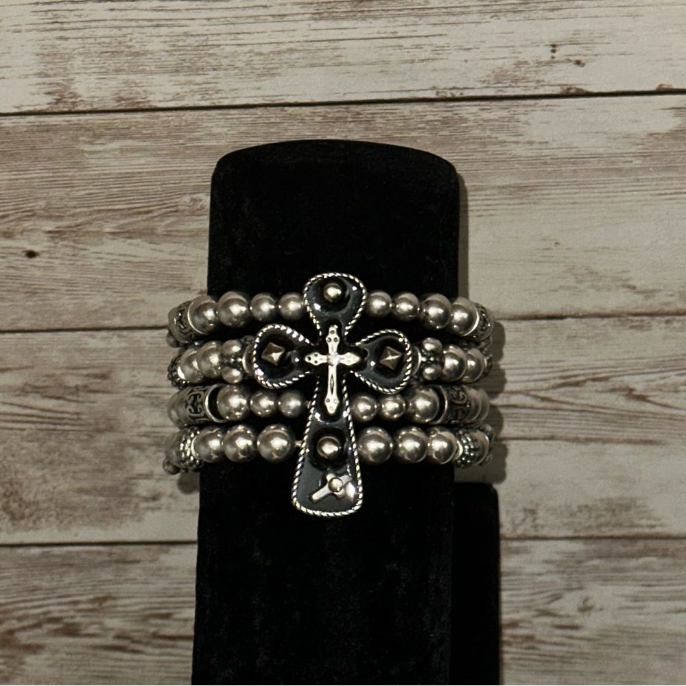 Silver Beaded Cross Bracelet